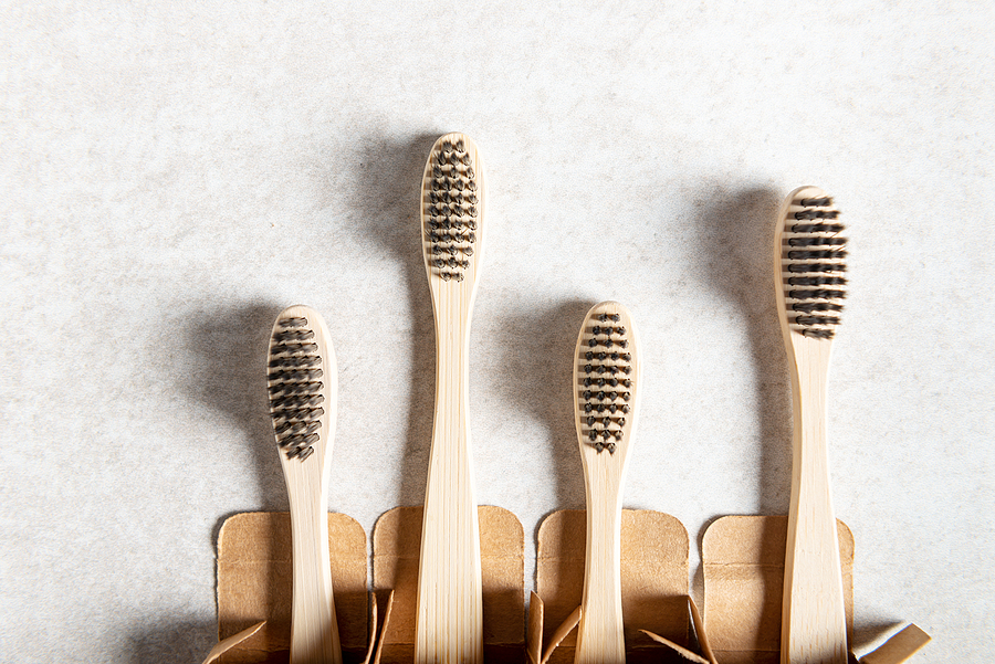 A Family Set Of Four Eco Friendly Wooden Bamboo Toothbrushes. Sa